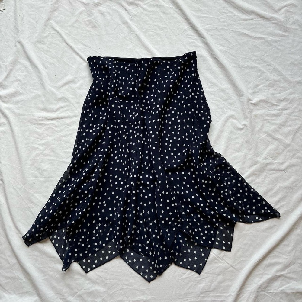 vintage navy with white polka dot skirt with asymmetrical hem